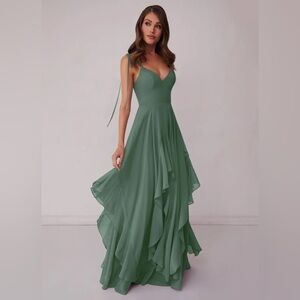 Barbie Azazie V-neck Chiffon Tiered A-line Dress in Eucalyptus